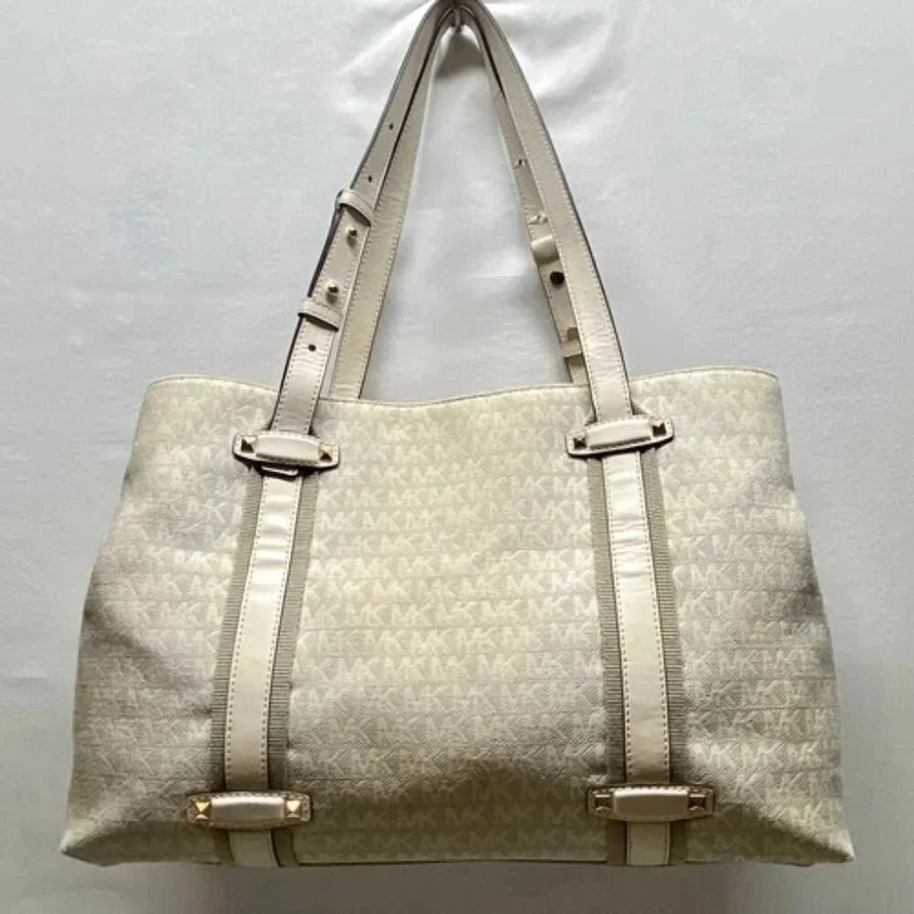 Michael Kors Griffin Large Logo Tote Natural Jacqard Canvas Leather Trim GUC‎